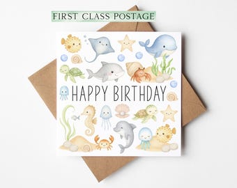 Ocean sea life Birthday card kids soft pastel Watercolour animals Design with Kraft Envelope