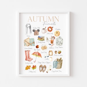 K&ouml;nnte beinhalten: Eine Aquarell-Illustration von Herbstfavoriten, darunter gem&uuml;tliche Pullover, warme Decken, fallende Bl&auml;tter und K&uuml;rbisgew&uuml;rzgetr&auml;nke. Der Text "AUTUMN Favourites" befindet sich oben im Bild.