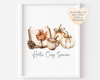 Hello Cosy Season Autumn Print Pumpkins, Books, Fall Decor unframed wall art poster print