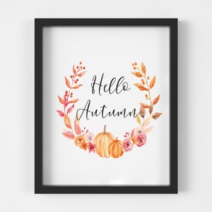 Autumn print, Hello Autumn Pumpkin wreathe unframed print,autumnal printsautumn decorseasonal decorseasonal printswall artwatercolour image 3