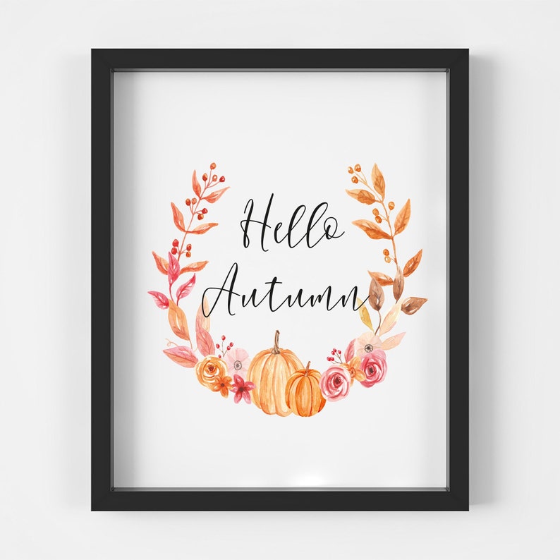 Autumn print, Hello Autumn Pumpkin wreathe unframed print,autumnal printsautumn decorseasonal decorseasonal printswall artwatercolour image 3