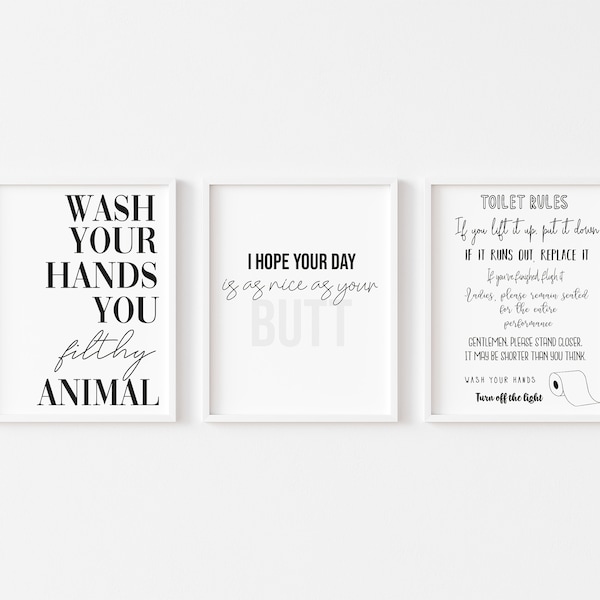 Set of 3 funny stylish unframed bathroom prints|bathroom posters|set of prints|bathroom pictures|bathroom decor|toilet prints|funny prints|
