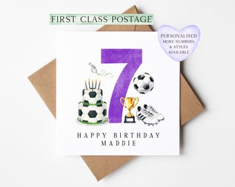 7th Birthday Card personalised purple football footy themed bday card number 7 with Envelope