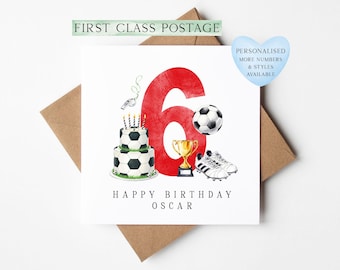 6th Birthday Card personalised football footy themed RED bday card number 6 with Envelope