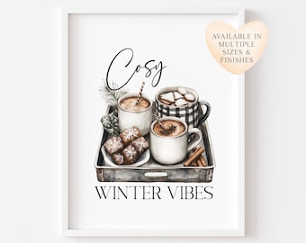 Winter Drinks Tray Print Cosy Hot Chocolate, Monochrome Art  (unframed)