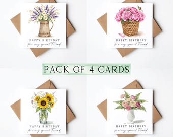 Floral Birthday Cards - Sunflowers, Roses, peonies, lavender flower arrangements - Pack of 4 with envelope