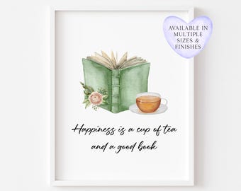 Lámina decorativa de acuarela "Libro y té" para amantes de los libros (sin marco)