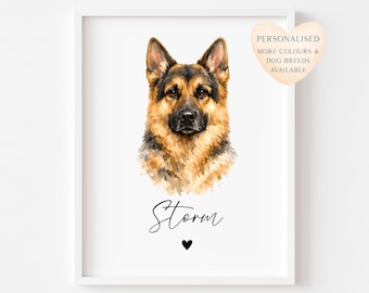 Personalised German Shepherd Dog Print Custom Name Pet portrait watercolour unframed wall art