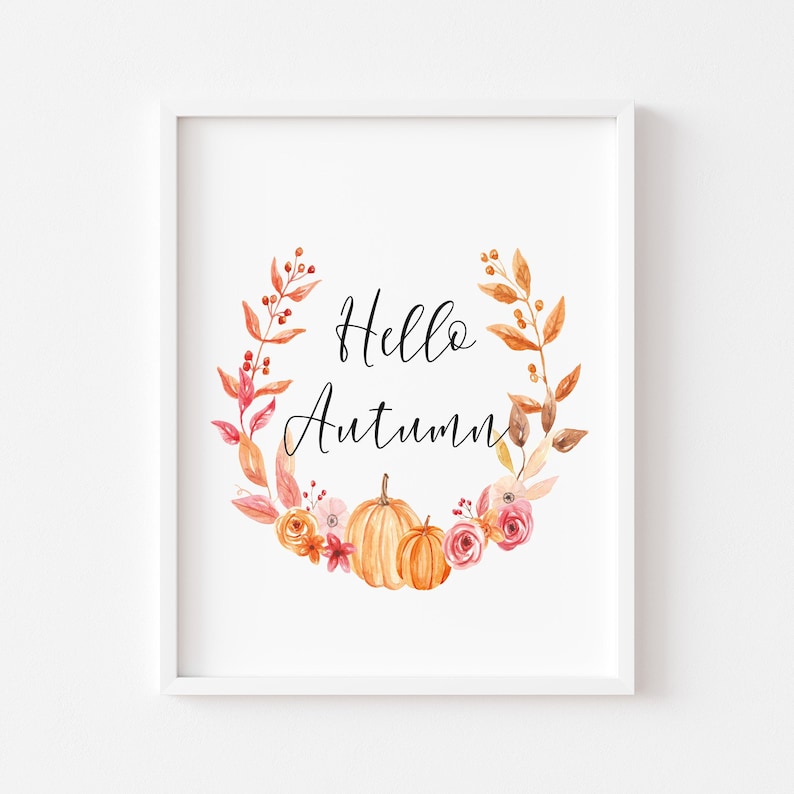 Autumn print, Hello Autumn Pumpkin wreathe unframed print,autumnal printsautumn decorseasonal decorseasonal printswall artwatercolour image 1