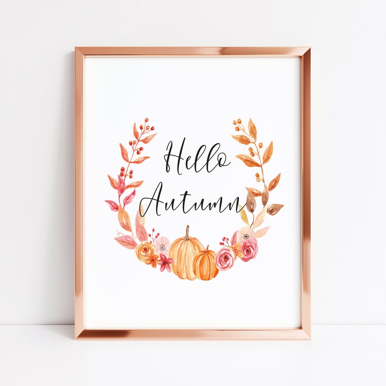 Autumn print, Hello Autumn Pumpkin wreathe unframed print,autumnal printsautumn decorseasonal decorseasonal printswall artwatercolour image 5