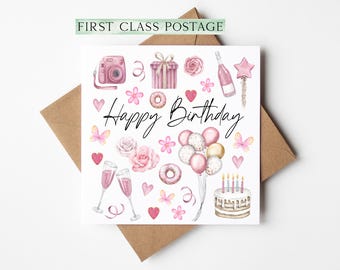 Birthday Card Pink lover Roses Floral Cake party Design with Envelope