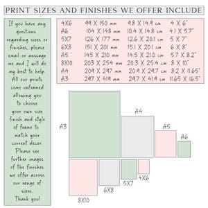 May include: A graphic showing print sizes and finishes, including 4x6 inches, A6, 5x7 inches, 6x8 inches, A5, 8x10 inches, A4, and A3. The image includes text with size details in inches and centimeters.
