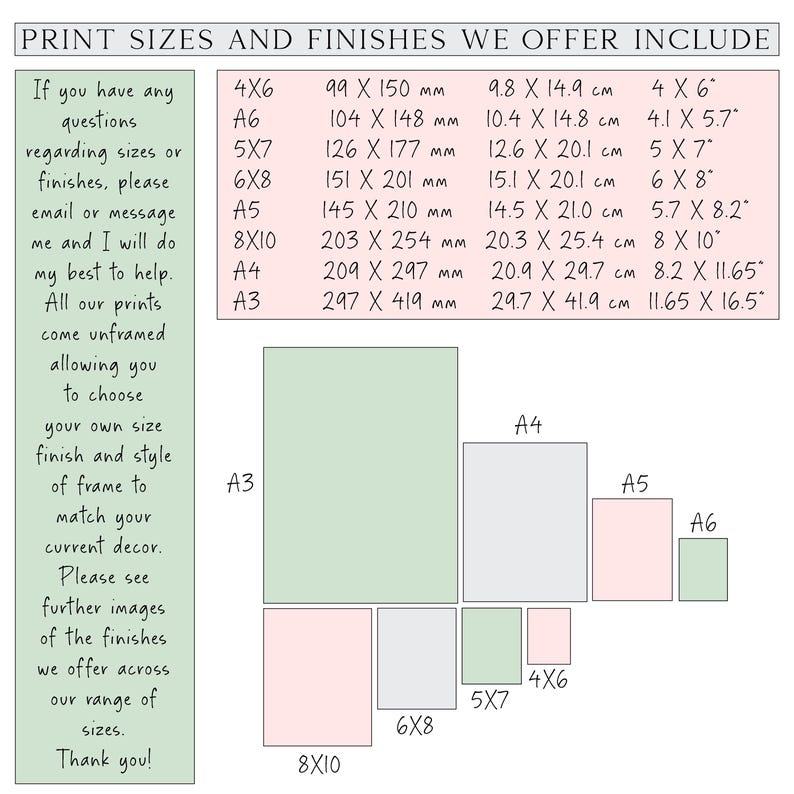 May include: A graphic showing print sizes and finishes, including 4x6 inches, A6, 5x7 inches, 6x8 inches, A5, 8x10 inches, A4, and A3. The image includes text with size details in inches and centimeters.