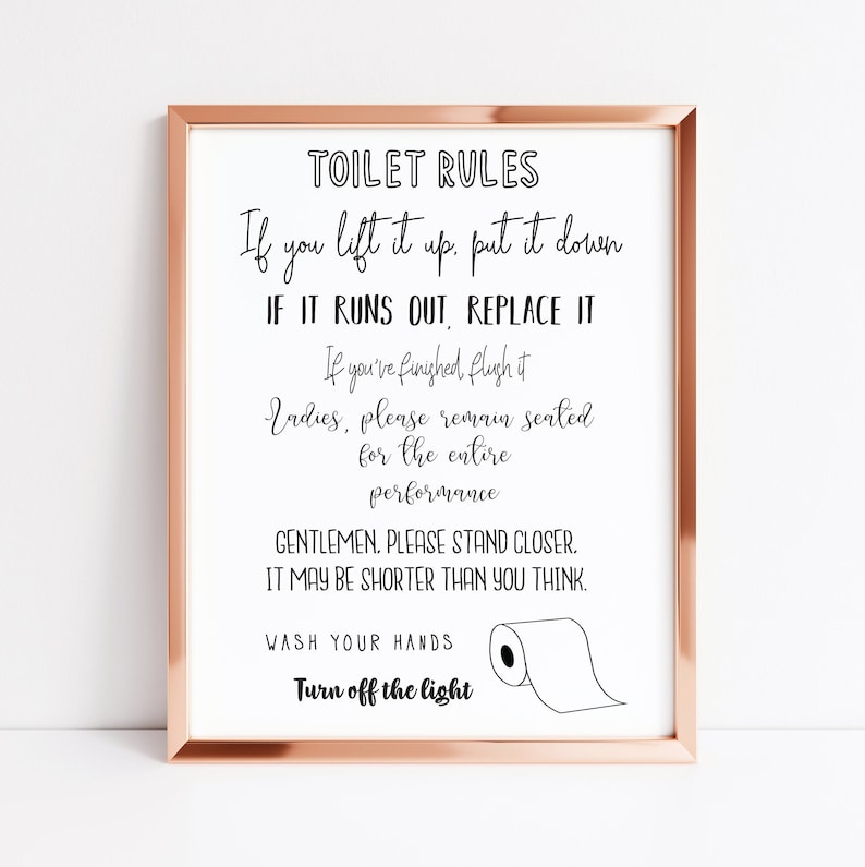 May include: A framed print with a rose gold border featuring the text "TOILET RULES" in black script. The rules include instructions like "If you lift it up, put it down" and "Wash your hands." A simple illustration of a toilet paper roll is included.