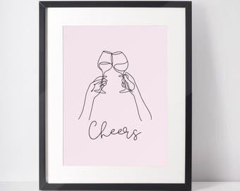 Könnte beinhalten: Ein schwarzer gerahmter Druck mit rosa Hintergrund, der eine Linienzeichnung von zwei Händen zeigt, die Weingläser hochhalten, mit dem Wort "Cheers" darunter.