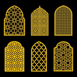Könnte beinhalten: Sechs verschiedene goldfarbene Bogenfensterdesigns mit komplizierten geometrischen Mustern. Die Designs sind vor einem schwarzen Hintergrund angeordnet.