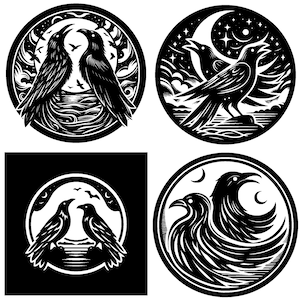 Huginn et Muninn - Fichiers SVG Viking raven - 4 designs complexes