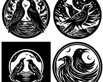 Huginn et Muninn - Fichiers SVG Viking raven - 4 designs complexes