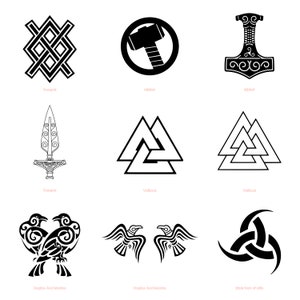 May include: Black and white illustrations of various Norse symbols, including the Vegvisir, Mjolnir, and the Valknut. The symbols are arranged in a grid pattern on a white background.