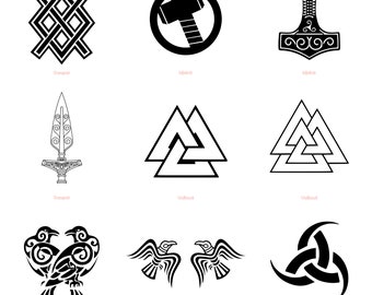 Norse Viking pack 1 - 9 SVG Designs inc. Valknut, Mjolnir, Gungnir, Triple Corne d&#39;Odin & Huginn et Muninn Ravens