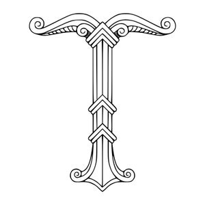 Può includere: Illustrazione in bianco e nero della lettera "T". La lettera maiuscola presenta un design ornato con volute decorative e forme a freccia. Il design è simmetrico e centrato.