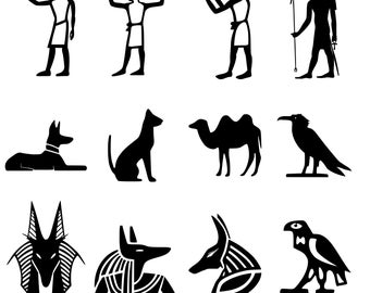 Egyptian hieroglyphics symbol set 1 - 12 separated SVG designs, including Anubis heads and animals