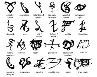 May include: Black and white illustrations of 18 different runes with their corresponding names and meanings written below each rune. The runes are stylized and have a gothic aesthetic.