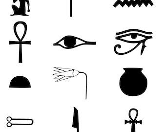 Egyptian hieroglyphics symbol set 2 - 12 separated SVG designs, including eye of Horus and ankhs