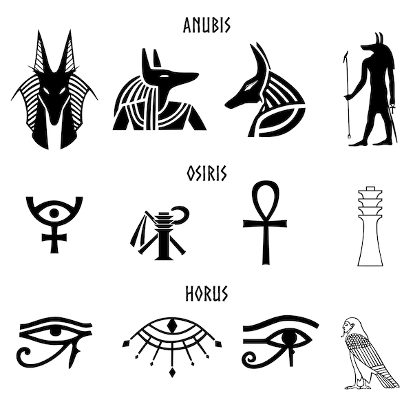 Egyptian Gods hieroglyphics symbol set 1 - Anubis, Osiris, and Horus - 12 separated SVG designs