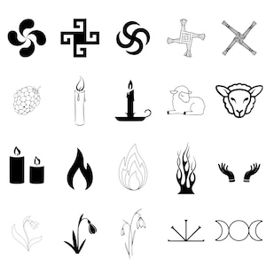 Imbolc / Chandeleur SVG - 20 symboles numériques SVG. Comprend la triple déesse, les agneaux, les bougies, les flammes, la croix de Sainte-Brigitte, les perce-neige et les mains ouvertes