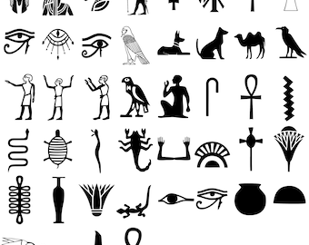 Egyptian hieroglyphics set - 44 separated SVG designs, including Anubis, Osiris, Horus, eye of Horus, Ka, snakes, scorpions and ankhs