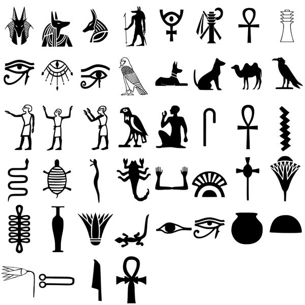 Ensemble de hiéroglyphes égyptiens - 44 motifs SVG séparés, dont Anubis, Osiris, Horus, oeil d'Horus, Ka, serpents, scorpions et ankhs