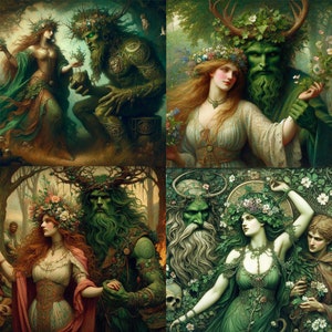 May include: Four digital paintings depicting a green-skinned, nature-inspired deity with a crown of leaves and flowers, holding hands with a woman wearing a white dress and a crown of flowers. The deity has a long beard and a stern expression. The women are all beautiful and have long flowing hair. The paintings are set in a forest setting with lush greenery and flowers.