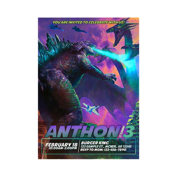 Godzilla Invitation, Godzilla Birthday Invitation, Godzilla Digital Invitation, Godzilla Printable Invitation Il_570xn