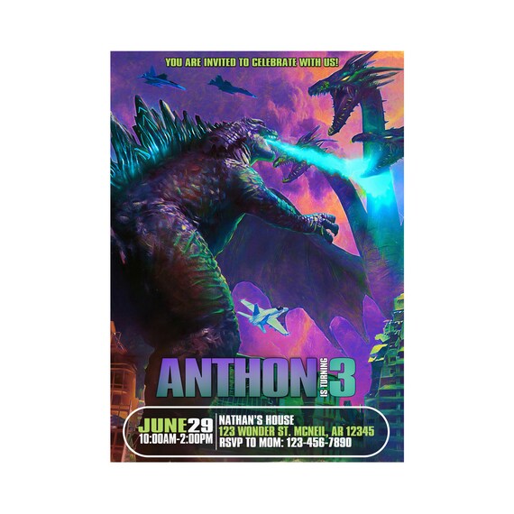 Godzilla Birthday Invitation, Godzilla Invitation, Godzilla Digital Invitation, Godzilla Printable Invitation, 12hrs Turnaround Time Il_570xn