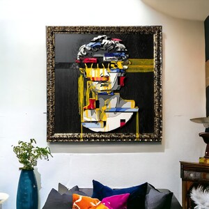 Grande oeuvre d'art murale en bois 3D, David de la mythologie grecque, peinture originale colorée de Style Mid-Century.