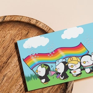 Tarjeta de felicitación LGBT del desfile del Orgullo de los Pingüinos