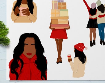 May include: Illustration featuring several figures in various poses. One figure holds a pink mug, another carries gifts, and others are embracing or celebrating. The artwork has a festive, holiday theme, with a minimalist style and warm color palette.