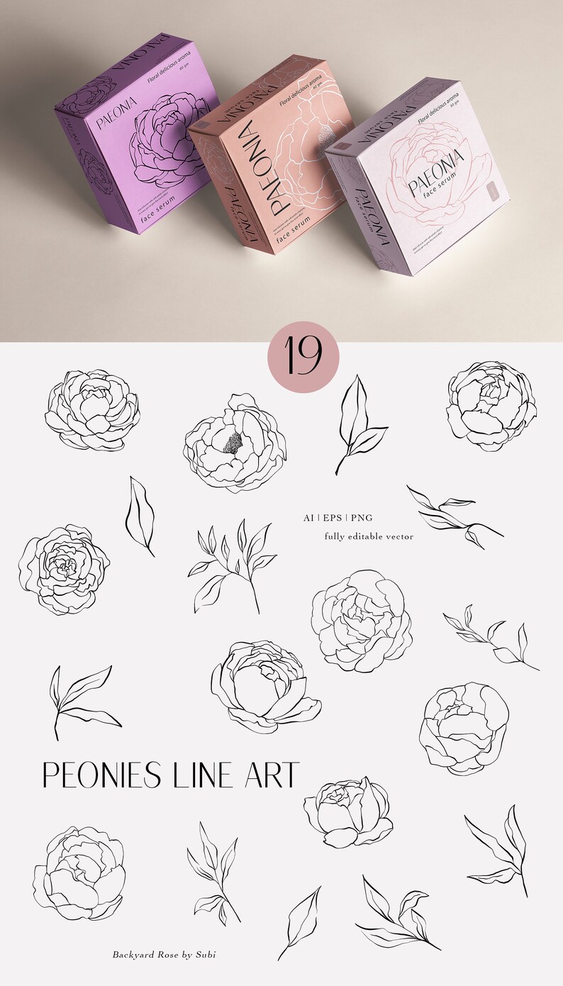 May include: A set of 19 line art illustrations of peonies and leaves. The illustrations are black and white and are fully editable vectors. The text "PEONIES LINE ART" is at the bottom of the image. The text "Backyard Rose by Subi" is at the bottom of the image.
