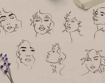 Botanical Line Art, Girl Face Clipart, Woman Line Art, Botanical Sketch, Face Clipart, Female Sketch, Floral Line Art, Beauty Sketch