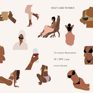 Selbstpflege Clipart, Frau Clipart, Selbstliebe Clipart, psychische Gesundheit Clipart, Bikini Frauen, Strandmode, schwarze Stellkunst, abstrakte Frau