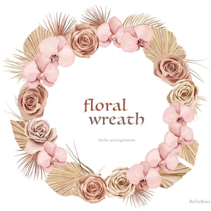 Couronne florale de Boho, roses d’aquarelle, orchidées roses, clipart de mariage, feuilles séchées, couronne de fleurs, rose tropicale, couronne florale de feuilles de palmier