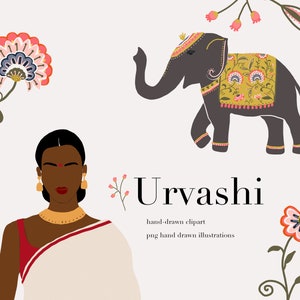 Woman Clipart, Indian Girl Clipart, Desi Woman, Elephant Clipart, Kalamkari, Flower PNG, Brown Girl Clipart, Female Clipart, Flower Clipart