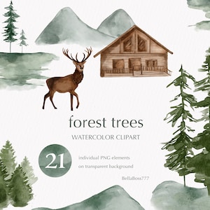 Winter Watercolor Clipart, Forest Clip Art, Antler, Wedding Watercolor, PineTrees, Watercolor Trees, Deer, Christmas, Fir Tree