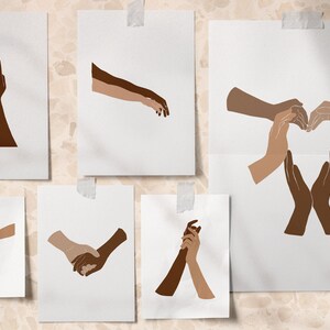 May include: Collection of art prints featuring illustrations of hands in various poses. The prints are displayed on white paper and taped to a wall. The hands are depicted in shades of brown, beige, and tan.