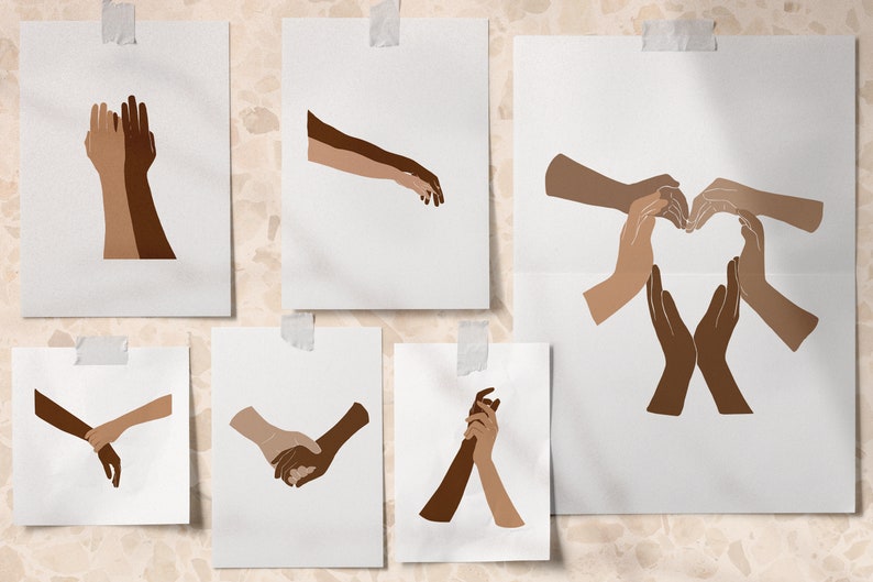 May include: Collection of art prints featuring illustrations of hands in various poses. The prints are displayed on white paper and taped to a wall. The hands are depicted in shades of brown, beige, and tan.