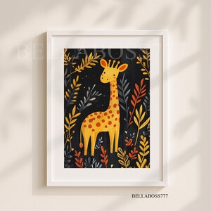 May include: A yellow and orange giraffe with brown spots stands in a black background with yellow, orange, and blue leaves.