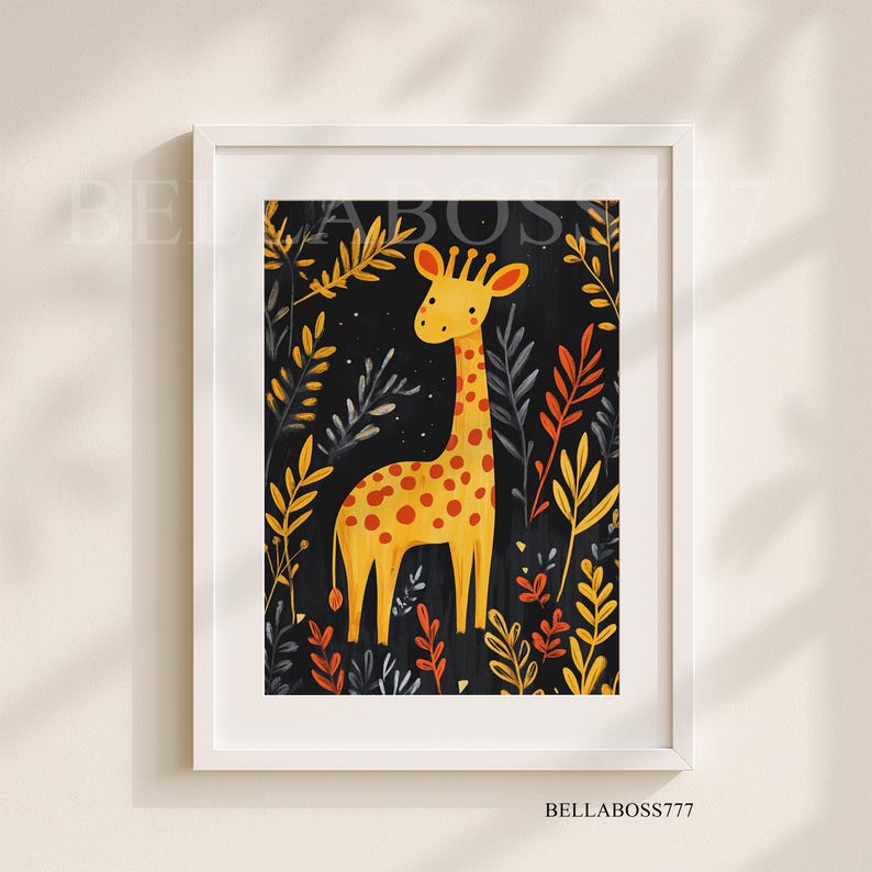 May include: A yellow and orange giraffe with brown spots stands in a black background with yellow, orange, and blue leaves.