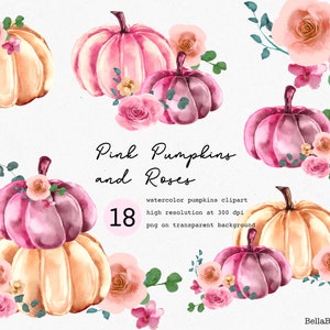 Pink Pumpkin Clipart, Fall Clipart, Autumn Clipart, Watercolor Pumpkin, Floral Pumpkin, Watercolor Clipart, Watercolor Roses, Floral Clipart