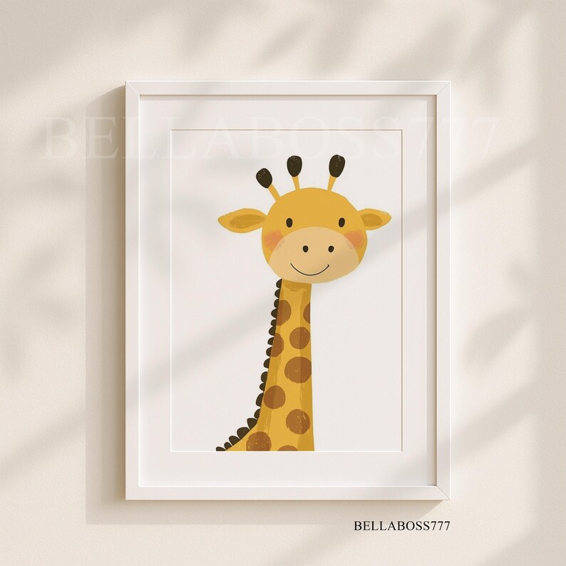 May include: A white framed print featuring a cartoon illustration of a giraffe with a yellow body and brown spots. The giraffe has a friendly smile and is looking directly at the viewer.